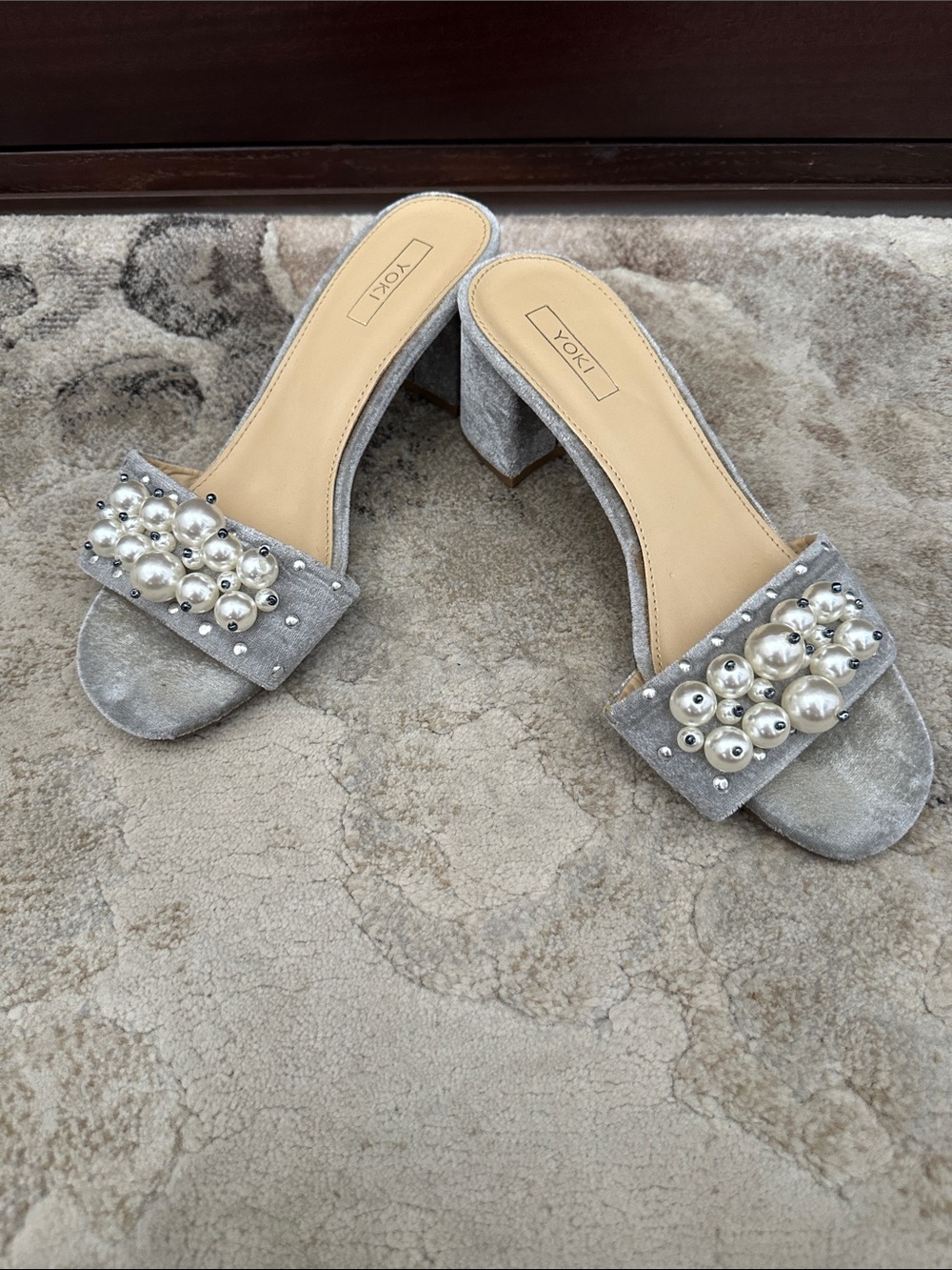 Yoki Silver Pearl-Embellished Block Heel Mules